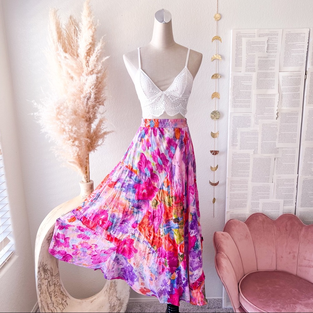 VINTAGE URU Vibrant Watercolor Floral Maxi Skirt